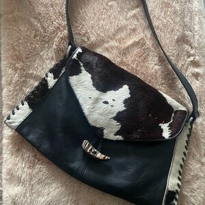 NWOT Hobbs Cowhide & Black Leather Shoulder Bag | Haircalf Flap | Boho Western